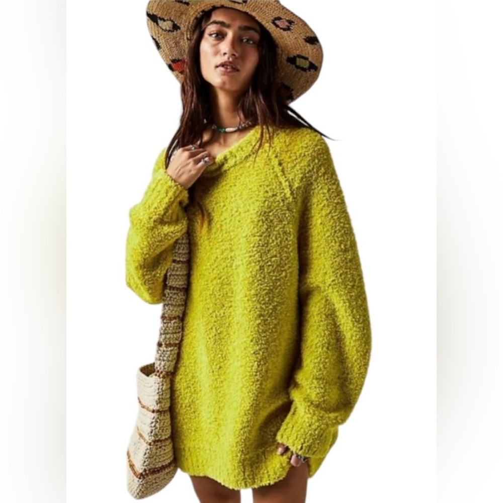 NWT FREE PEOPLE Teddy Tender Shoots Sweater Tunic In Lime/Vert C Sz XS Oversized